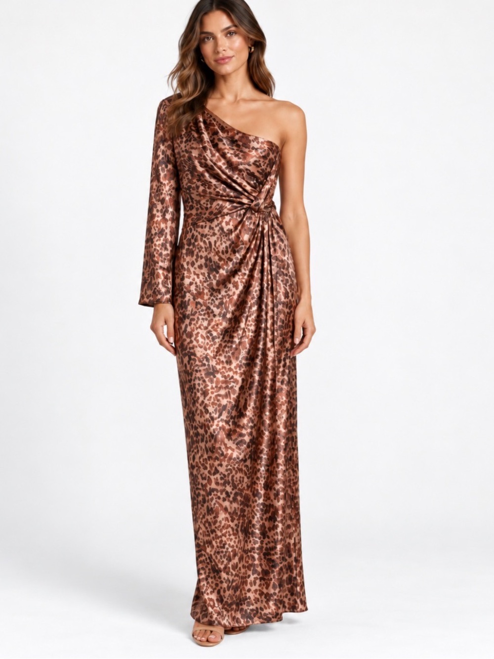 Marchesa One-Shoulder Leopard Satin Maxi Dress - Brown